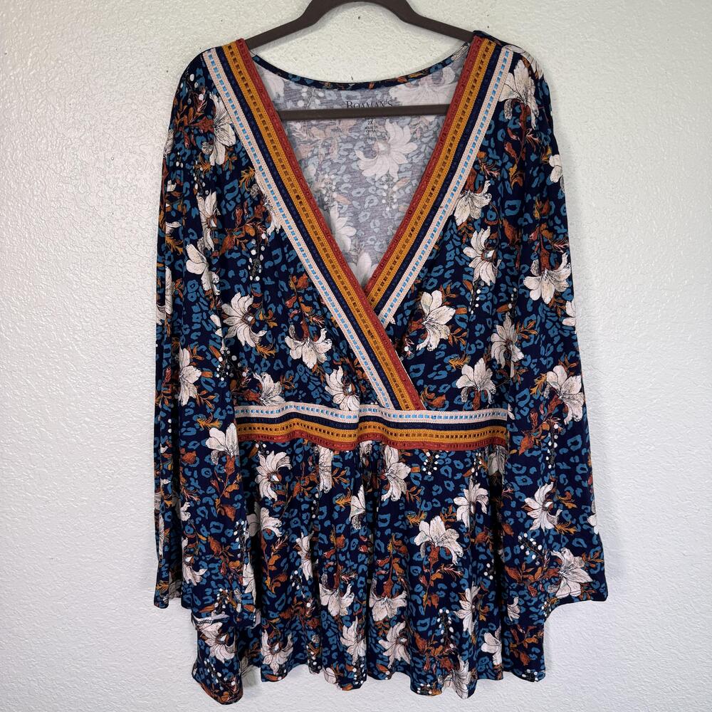 Roamans Top Womens 2X Floral Leopard Bell Sleeve Tunic Boho Blue Plus Size NEW